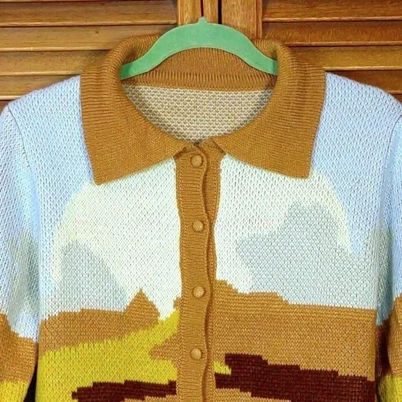 Retro Knit Cropped Cardigan Sweater Womens Desert Landscape Medium Eclectic Art - Picture 4 of 5